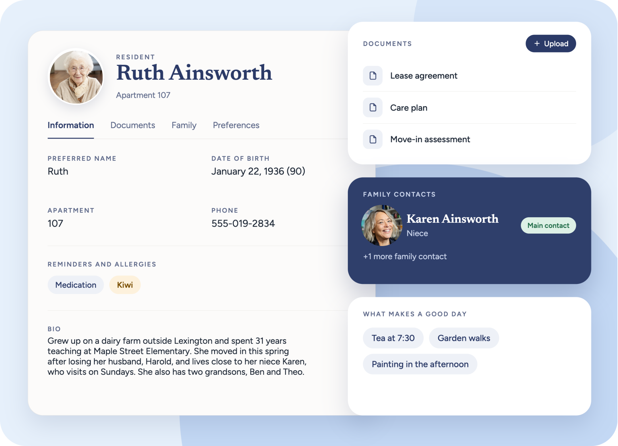 Ruth Ainsworth's profile: personal details, allergies, bio, documents, her niece Karen as main contact, and what makes a good day