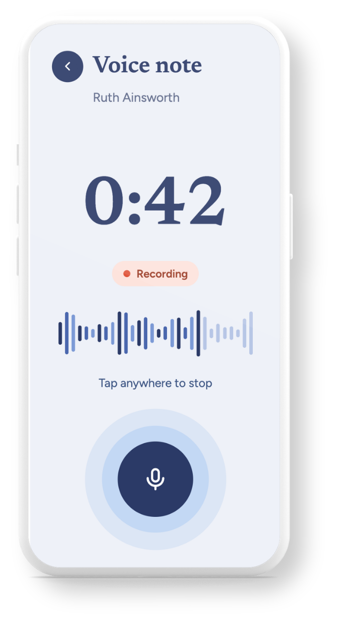 A phone recording a 42-second voice note for Ruth Ainsworth