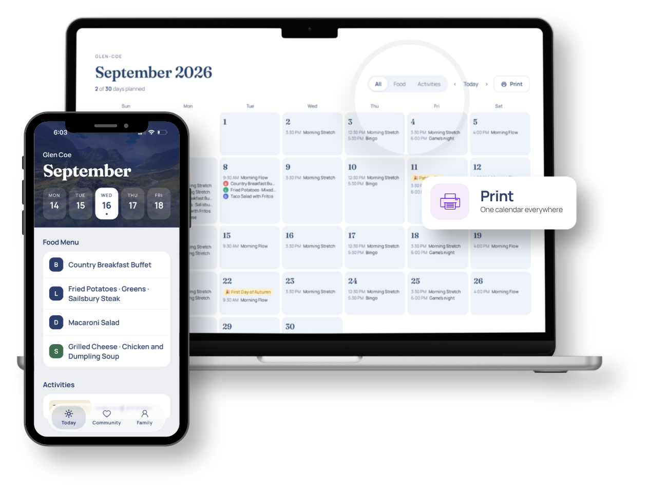 The same calendar on a phone and a laptop, printable in one click