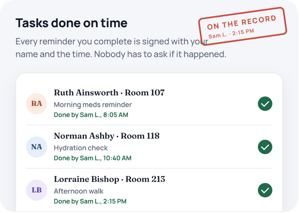 Tasks done on time. Every reminder you complete is signed with your name and the time. Nobody has to ask if it happened.