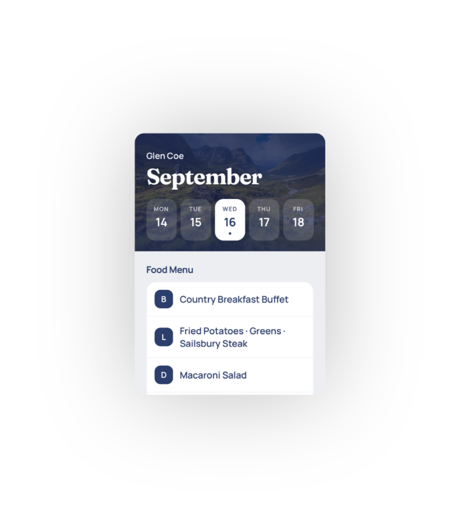 Glen Coe's food menu for Wednesday, September 16