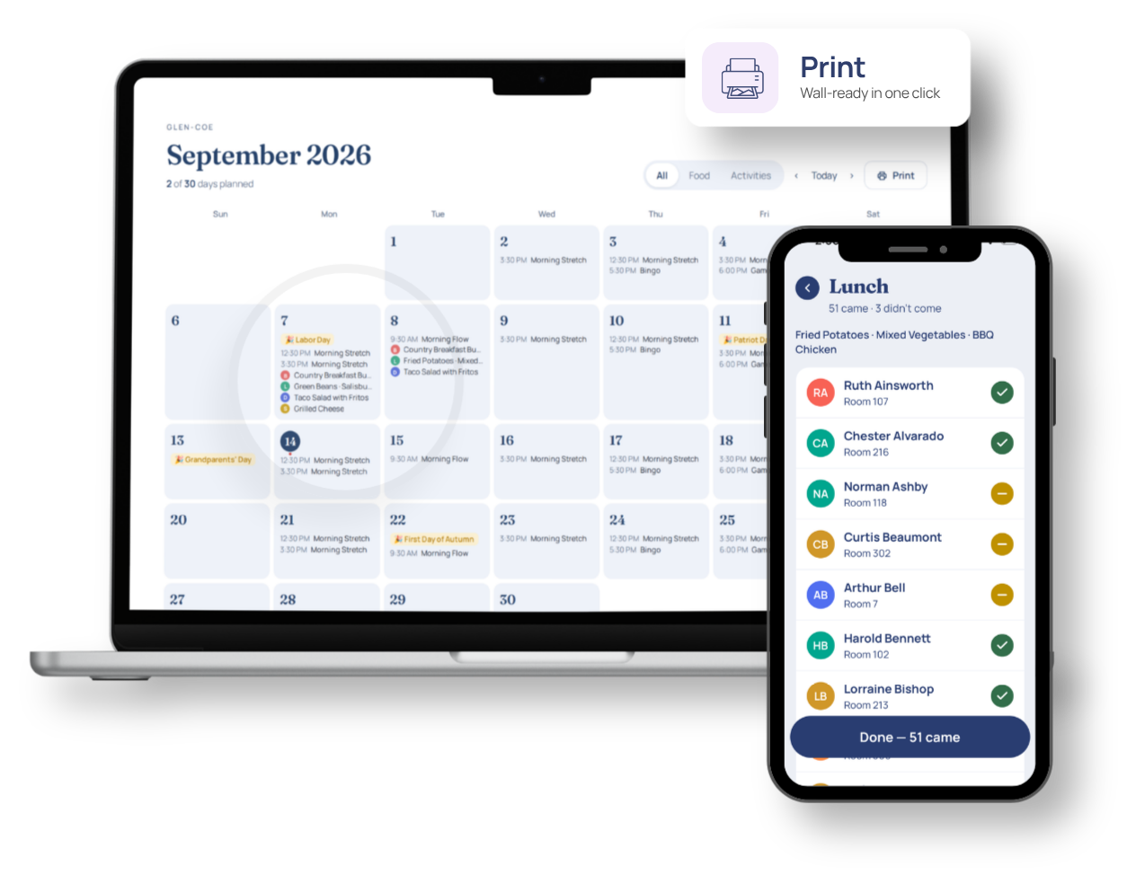 The monthly calendar on a laptop, wall-ready in one click, with lunch attendance on a phone