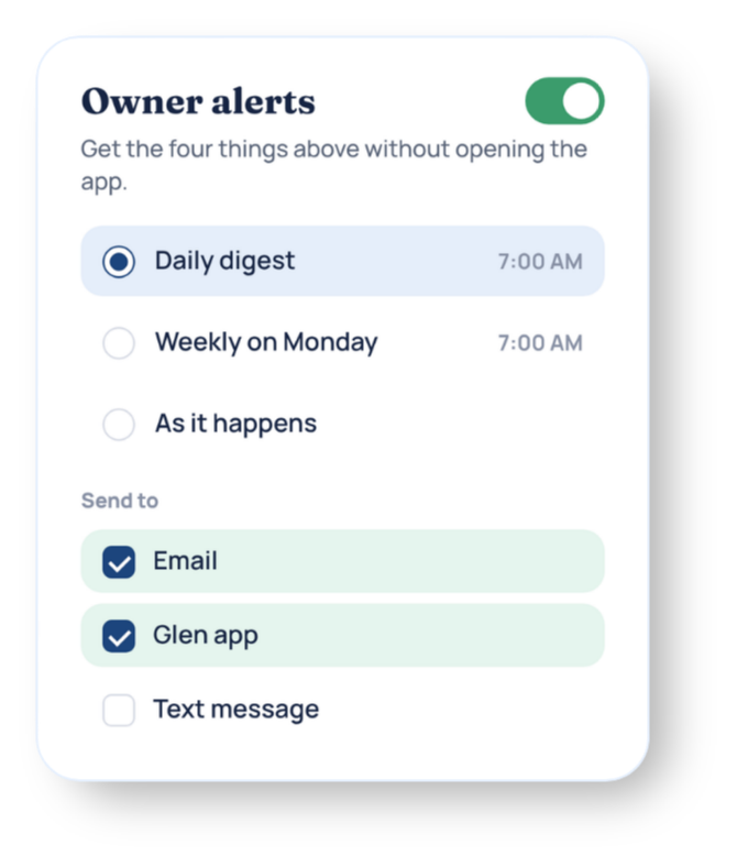 Owner alerts settings: daily digest by email and the Glen app