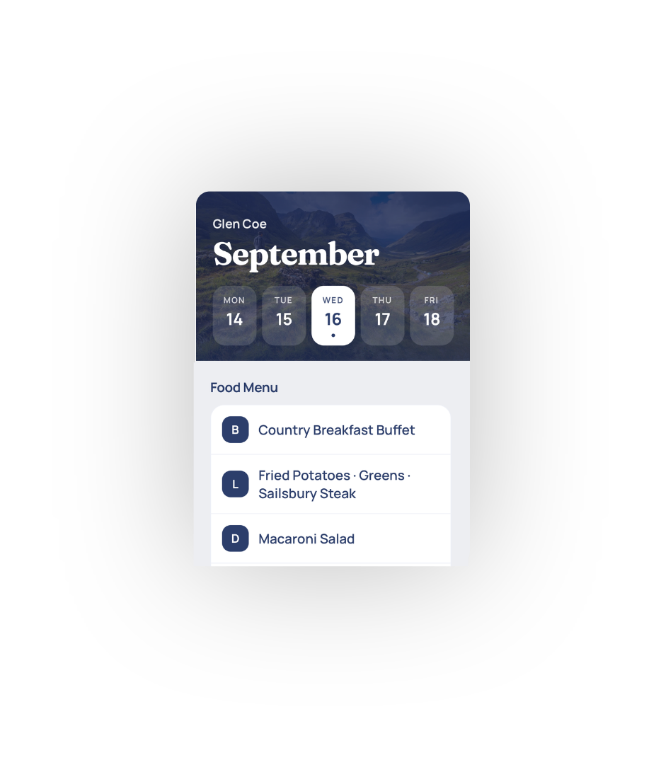 Glen Coe's food menu for Wednesday, September 16