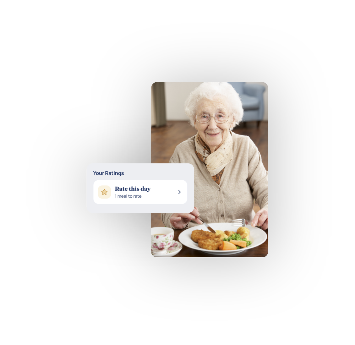 A resident smiling over her lunch, with Rate this day: 1 meal to rate