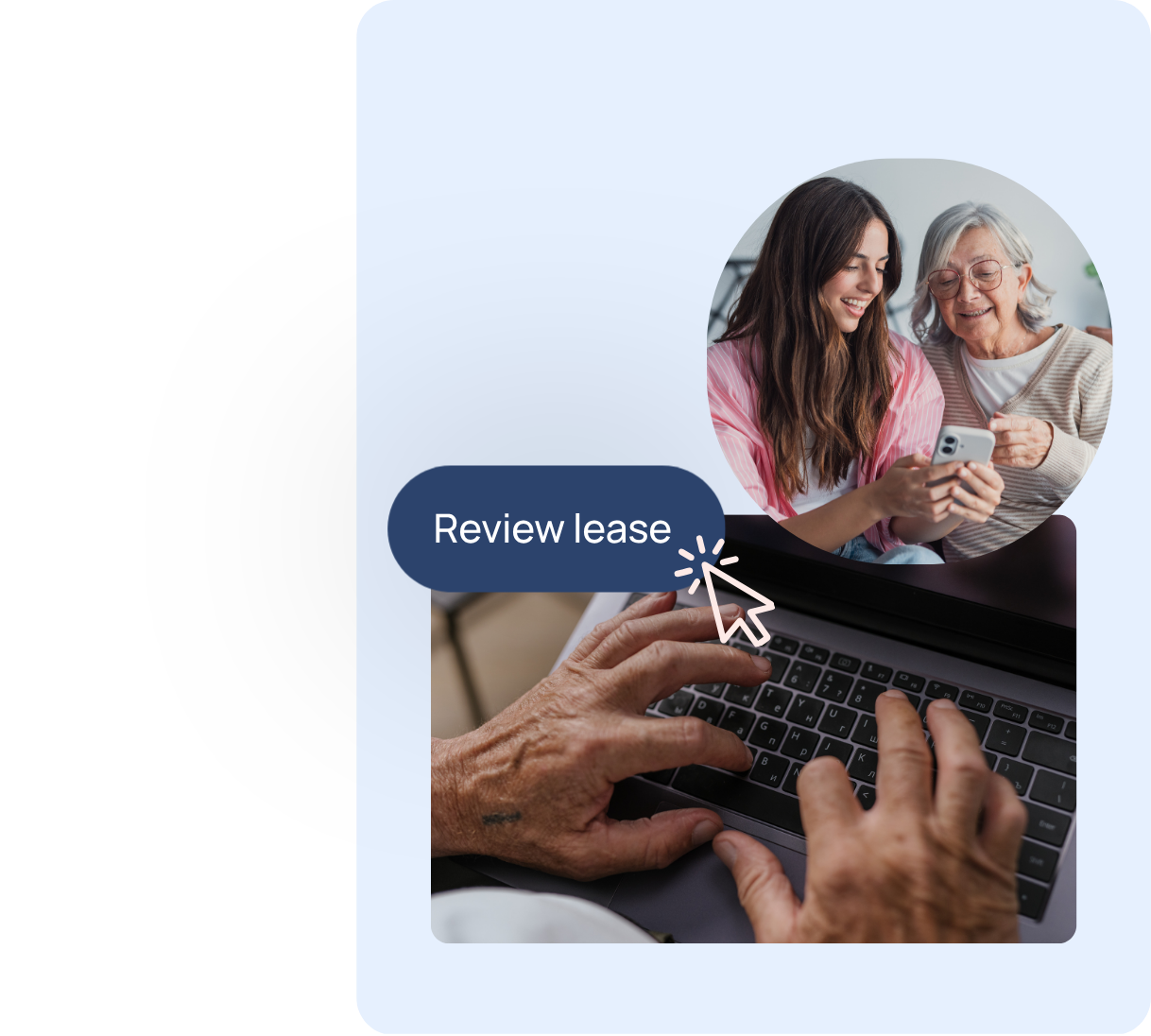 A daughter and her mother looking at a phone, and a Review lease button over a laptop